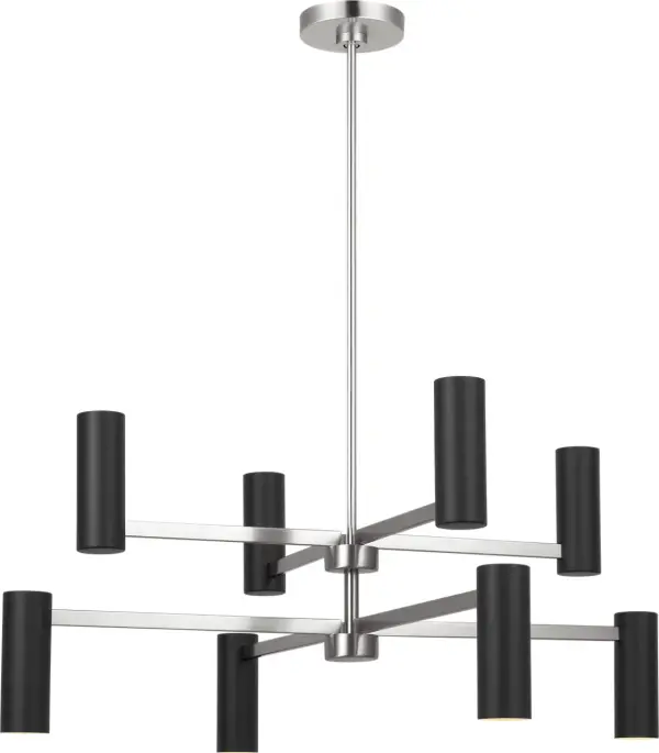 The Zentro delivers contemporary elegance with eight cylindrical metal shades in a balanced two-tier design. Its refined simplicity and brushed nickel finish adapt seamlessly across dining rooms, living spaces, and bedrooms.
