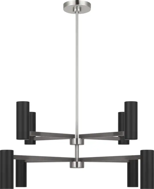 The Zentro delivers contemporary elegance with eight cylindrical metal shades in a balanced two-tier design. Its refined simplicity and brushed nickel finish adapt seamlessly across dining rooms, living spaces, and bedrooms. - alternate view