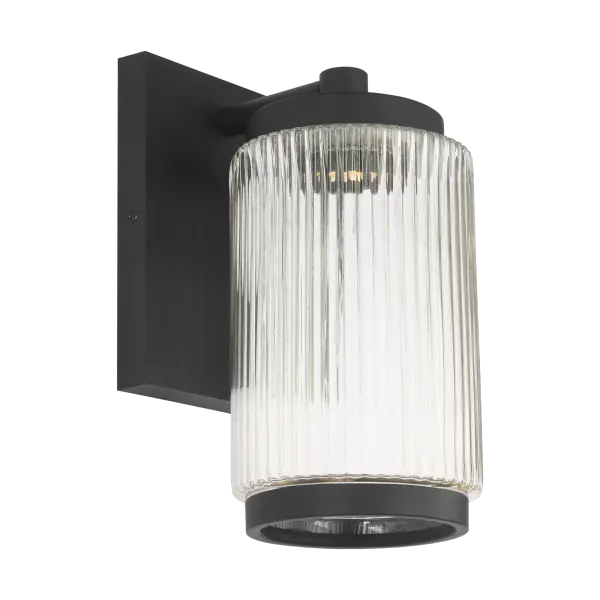 The Ronde Small Wall Lantern combines vertical ribbed glass with a clean metal frame in Textured Black. Wet-rated for durability and available with energy-efficient LED, it's ideal for patios, porches, and entryways. - alternate view