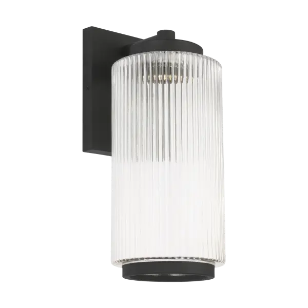 The Ronde Medium Outdoor Wall Lantern combines vertical ribbed glass with a sleek metal frame in Textured Black. Wet-rated for durability and available with LED efficiency, it suits patios, porches, and entryways with transitional to contemporary appeal.