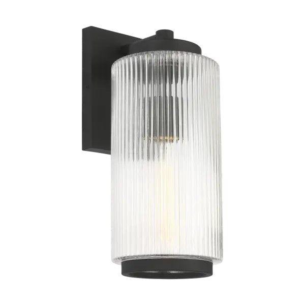 The Ronde Medium Outdoor Lantern combines vertical ribbed glass with a sleek metal frame in Textured Black. Wet-rated for durability and available with Dark Sky accessories, it suits various exterior styles from transitional to contemporary.