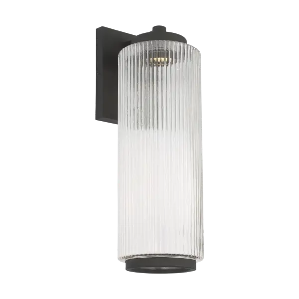 The Ronde Large Outdoor Wall Lantern combines vertical ribbed glass with a clean metal frame in Textured Black finish. Wet-rated for durability and available with LED technology, it offers versatile styling for patios, porches, and entryways. - alternate view