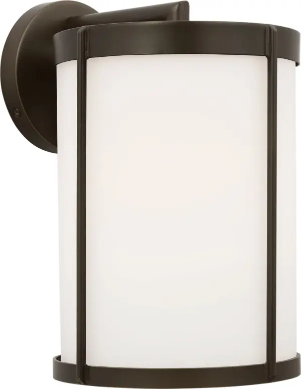 The Luning Medium Lantern combines traditional design with practical outdoor performance. Its cylindrical opal etched glass diffuser and metal frame deliver reliable illumination for entryways and pathways. - alternate view
