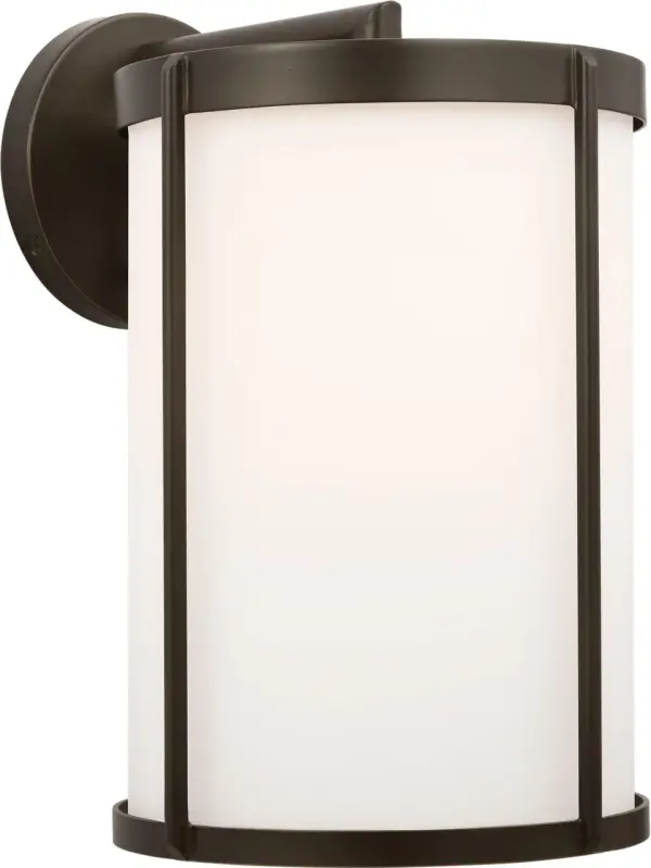 The Luning Large Lantern combines industrial-inspired design with practical outdoor functionality. Its wet-rated construction and opal etched glass create a refined glow perfect for various exterior settings.