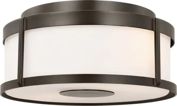 The Luning Medium Flush Mount combines a rounded metal frame with a cylindrical opal etched glass diffuser for functional outdoor lighting. Wet-rated for all-weather use, it delivers reliable downlight in a compact profile. - alternate view