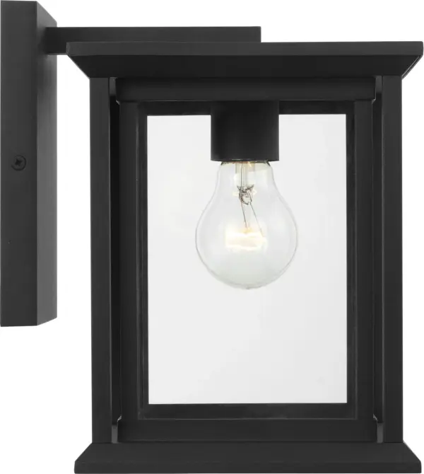 The Audley Small Wall Lantern delivers classic lantern styling in a space-conscious design. Its textured black finish and clear glass enclosure create timeless appeal for narrow entries, columns, or secondary outdoor walls. - alternate view