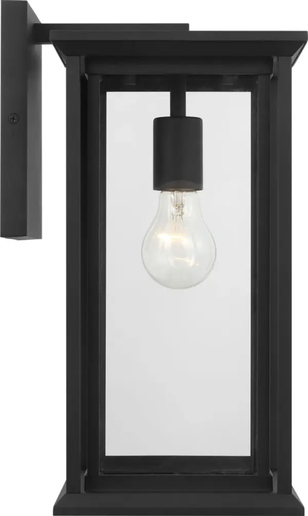 The Audley Medium Lantern combines clean-lined metal framing with clear glass panels for a transitional aesthetic. Weather-resistant and wet-rated, it offers durability and flexibility across residential and commercial applications.