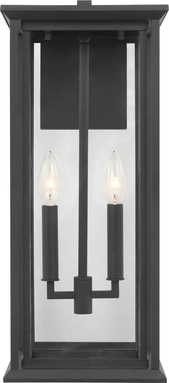 The Audley Large Lantern combines clean-lined metal framing with clear glass panels for a sophisticated transitional aesthetic. Weather-resistant and wet-rated for durability, it scales beautifully for larger facades and entries.