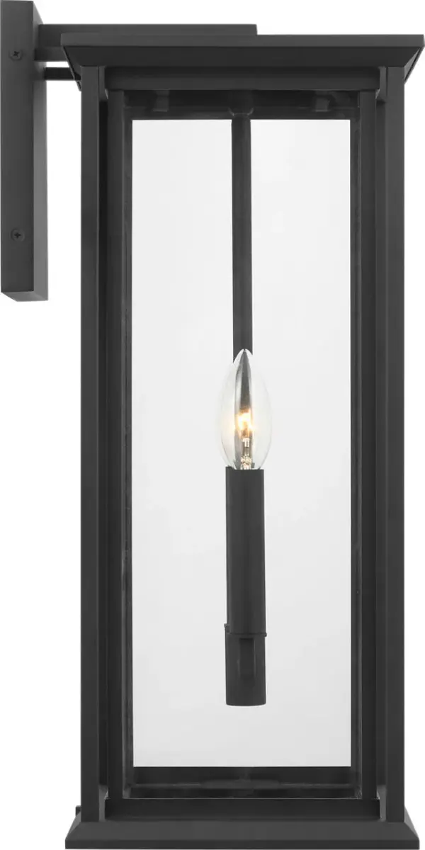 The Audley Large Lantern combines clean-lined metal framing with clear glass panels for a sophisticated transitional aesthetic. Weather-resistant and wet-rated for durability, it scales beautifully for larger facades and entries. - alternate view