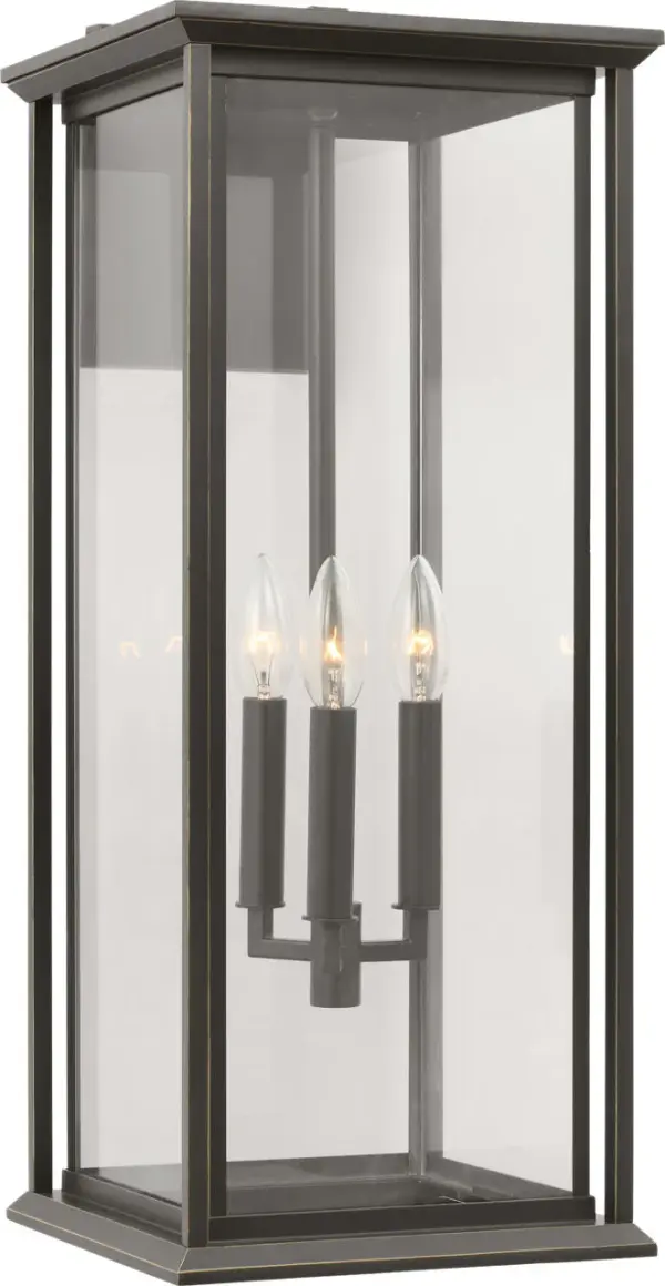 The Audley Extra Large Lantern combines clean-lined metal framing with clear glass panels for a sophisticated outdoor lighting solution. Weather-resistant and wet-rated for durability, it scales beautifully for large facades. - alternate view