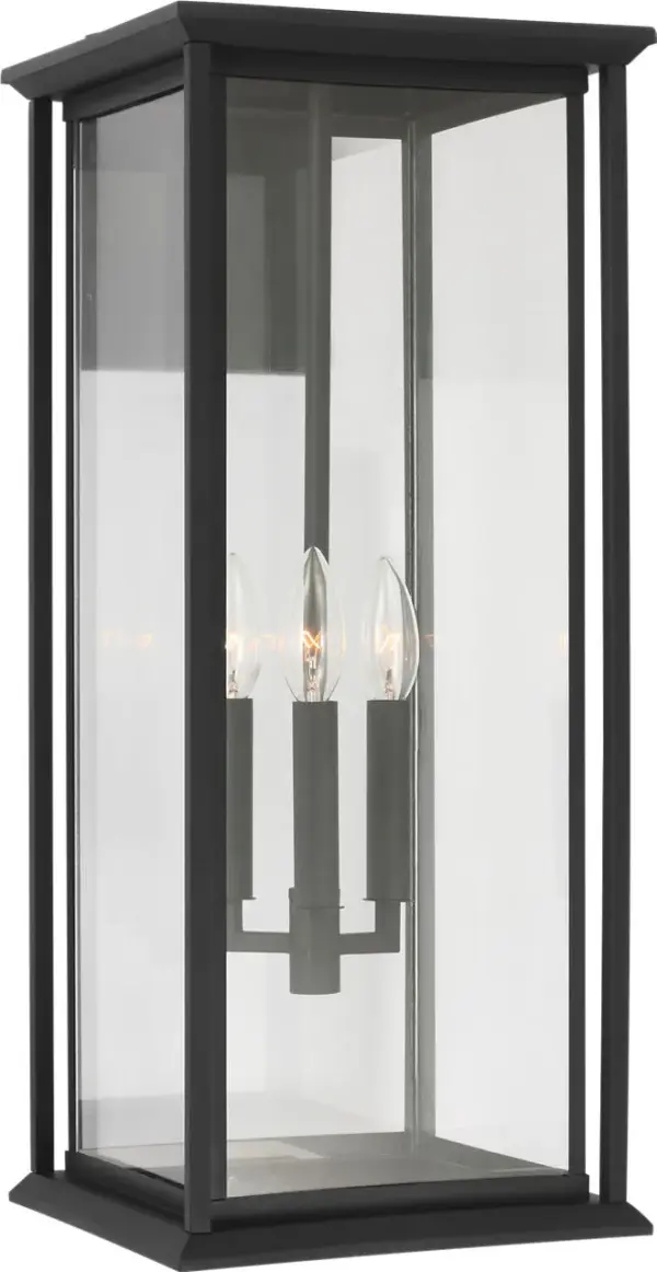 The Audley Extra Large Lantern combines clean-lined metal framing with clear glass panels for a sophisticated transitional aesthetic. Weather-resistant and wet-rated for durability, it scales beautifully for large facades and grand entrances.
