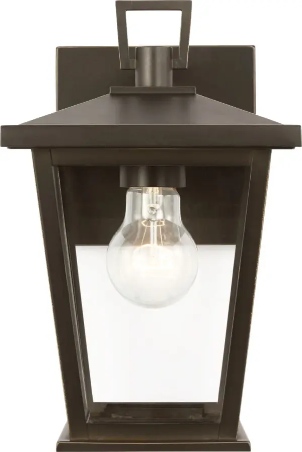 The Linton Small Lantern delivers refined outdoor lighting in a compact footprint. Its streamlined frame with clear glass panels showcases the bulb beautifully while the curved gooseneck arm and square backplate add architectural interest. - alternate view