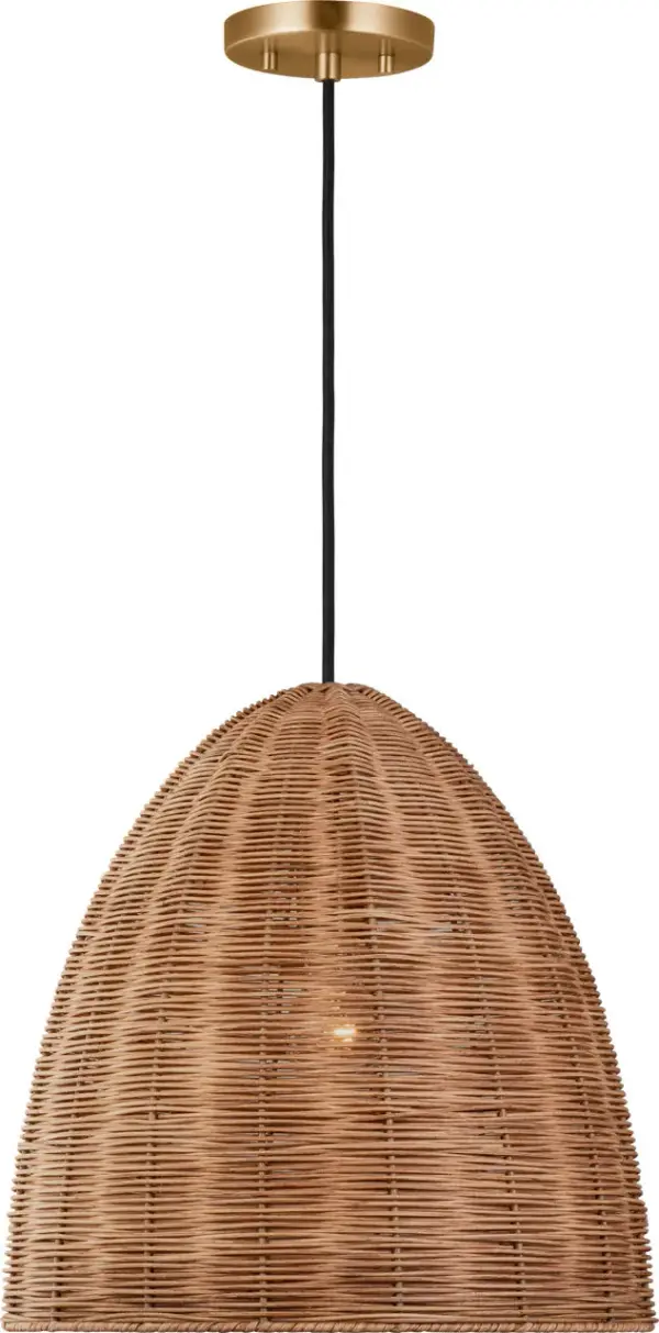 The Norman Large Pendant combines natural blonde rattan with warm satin brass for a sophisticated coastal aesthetic. Its woven texture creates beautiful light patterns while adding organic warmth to any space.