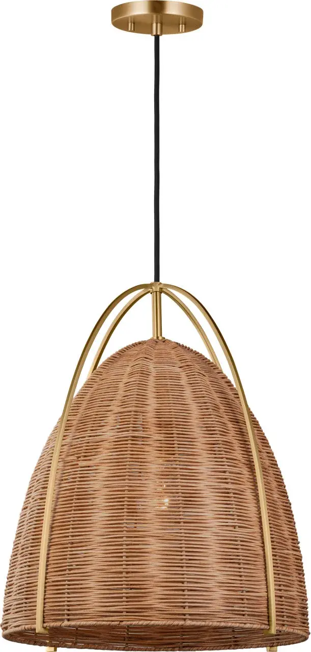 Norman Large Pendant in Satin Brass and Blonde Rattan - Image 2