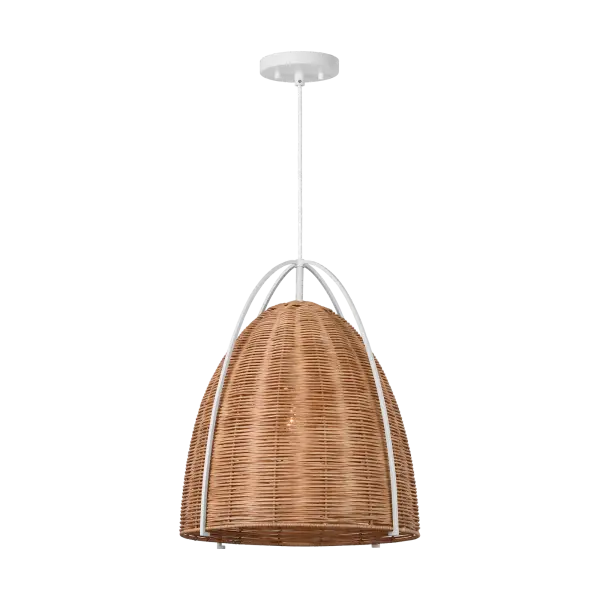 The Norman Large Pendant combines natural blonde rattan weaving with a crisp matte white finish for a fresh, coastal aesthetic. Its generous size makes a statement while the organic material adds warmth and visual interest to modern and transitional spaces.