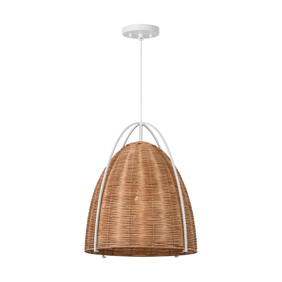Norman Large Pendant in Matte White with Blonde Rattan - Image 1