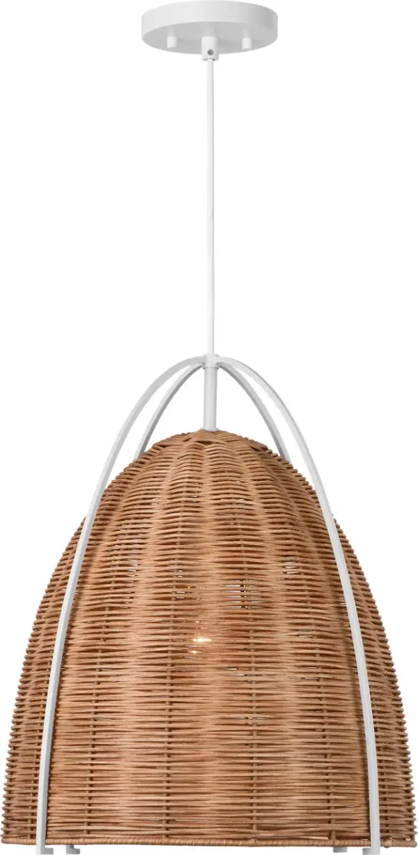 The Norman Large Pendant combines natural blonde rattan weaving with a crisp matte white finish for a fresh, coastal aesthetic. Its generous size makes a statement while the organic material adds warmth and visual interest to modern and transitional spaces. - alternate view