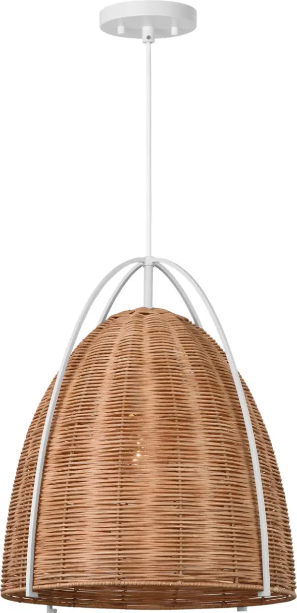 Norman Large Pendant in Matte White with Blonde Rattan - Image 3