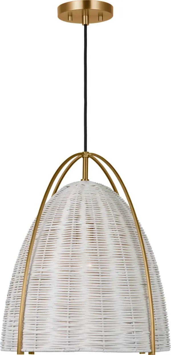The Norman Large Pendant combines natural chalk wicker with satin brass accents for a sophisticated coastal aesthetic. Its generous size makes it ideal for kitchen islands and dining areas, adding organic texture and warm illumination.