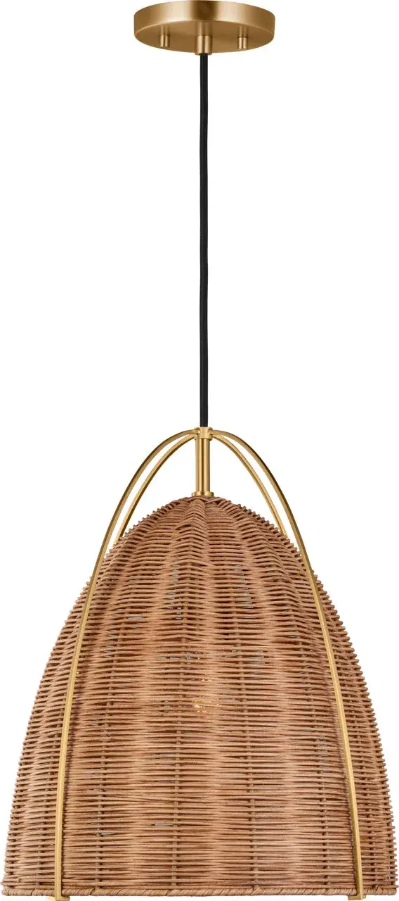 The Norman Medium Pendant combines natural blonde rattan with satin brass accents for a sophisticated coastal aesthetic. Its woven shade creates beautiful light patterns while adding organic texture to any space.