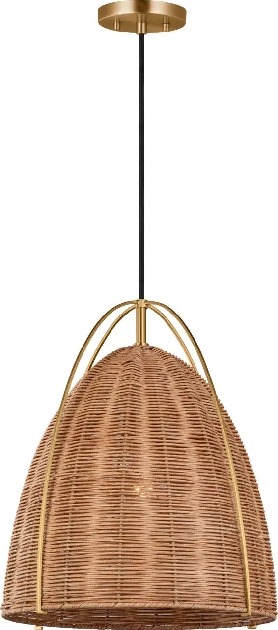 The Norman Medium Pendant combines natural blonde rattan with satin brass accents for a sophisticated coastal aesthetic. Its woven shade creates beautiful light patterns while adding organic texture to any space. - alternate view