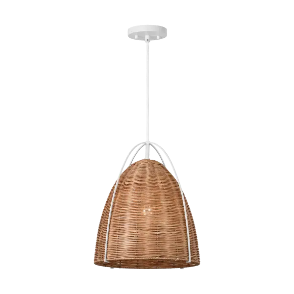 The Norman Medium Pendant combines natural blonde rattan weaving with a crisp matte white finish, creating a relaxed yet refined coastal aesthetic. Its medium scale makes it versatile for various applications.