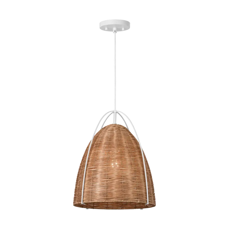 Norman Medium Pendant in Matte White with Blonde Rattan - Image 1