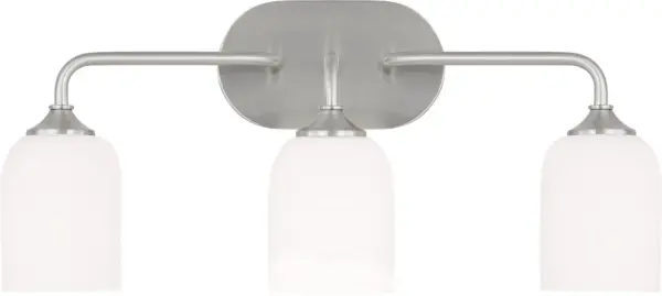 The Emile Large Vanity combines transitional styling with practical three-light illumination. Its brushed steel finish and glass globes provide excellent task lighting while adding sophisticated style to bathrooms.