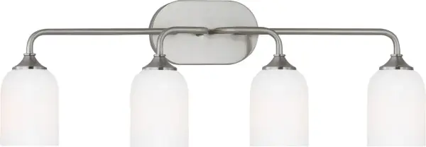 The Emile Extra Large Vanity Light combines transitional elegance with contemporary functionality. Its brushed steel finish and four-light configuration provide excellent illumination for larger bathroom spaces. - alternate view