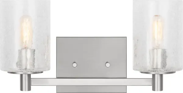 The Parker bath vanity combines timeless styling with practical two-light illumination. Its brushed steel finish and glass shades deliver versatile appeal for modern and traditional bathrooms alike.