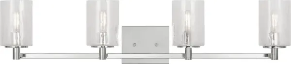 The Parker bath vanity combines transitional styling with practical four-light illumination. Its brushed steel finish and glass globes provide even, flattering light ideal for grooming tasks while complementing modern bathroom aesthetics.
