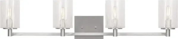 The Parker bath vanity combines transitional styling with practical four-light illumination. Its brushed steel finish and glass globes provide even, flattering light ideal for grooming tasks while complementing modern bathroom aesthetics. - alternate view