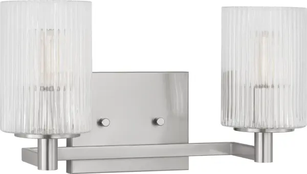 The Lando two-light wall sconce combines clean lines with a brushed steel finish, making it an ideal choice for modern bathrooms and powder rooms. Its compact design and neutral finish work seamlessly across various decor styles. - alternate view