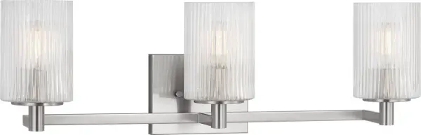 The Lando three-light bath vanity combines sleek brushed steel finish with classic globe shades, offering versatile lighting for bathrooms. Its contemporary design works well in both modern and transitional spaces.