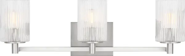 The Lando three-light bath vanity combines sleek brushed steel finish with classic globe shades, offering versatile lighting for bathrooms. Its contemporary design works well in both modern and transitional spaces. - alternate view