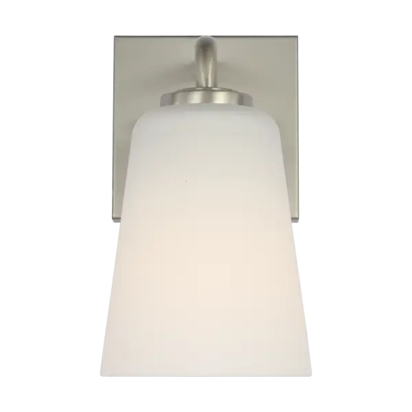 The Miles Small Vanity combines streamlined design with soft etched glass diffusion, making it ideal for compact bathrooms and powder rooms. Its brushed nickel finish offers versatility across traditional and contemporary spaces.
