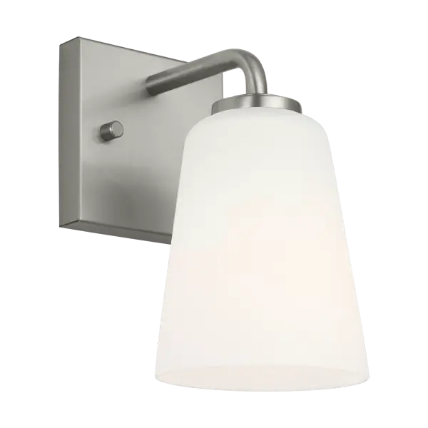 The Miles Small Vanity combines streamlined design with soft etched glass diffusion, making it ideal for compact bathrooms and powder rooms. Its brushed nickel finish offers versatility across traditional and contemporary spaces. - alternate view