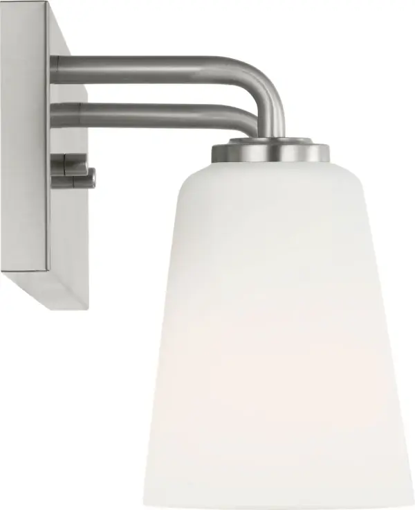 The Miles Medium Vanity combines traditional elegance with contemporary versatility. Its tapered etched glass shade and brushed nickel finish create a refined look that complements classic to modern bathrooms.