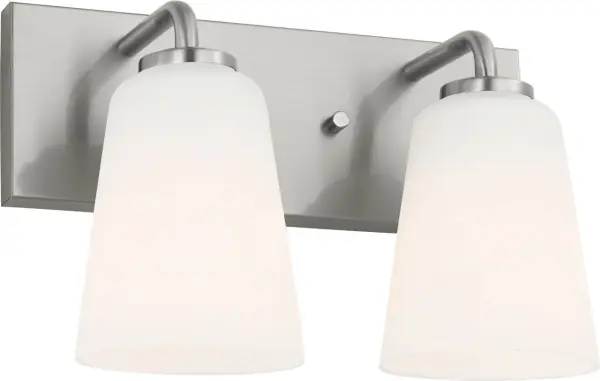 The Miles Medium Vanity combines traditional elegance with contemporary versatility. Its tapered etched glass shade and brushed nickel finish create a refined look that complements classic to modern bathrooms. - alternate view