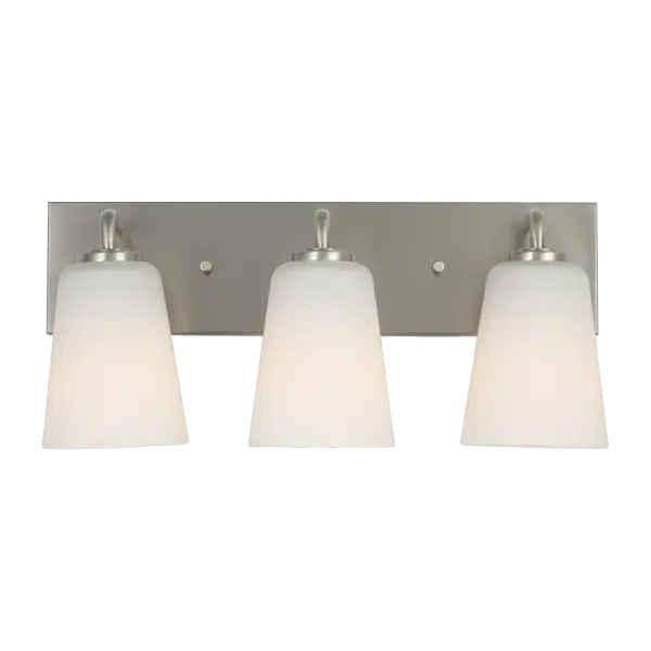 The Miles Large Bath Sconce delivers balanced, diffused lighting through three frosted etched glass diffusers. Its brushed nickel finish and transitional design make it versatile for modern and traditional bathrooms alike.