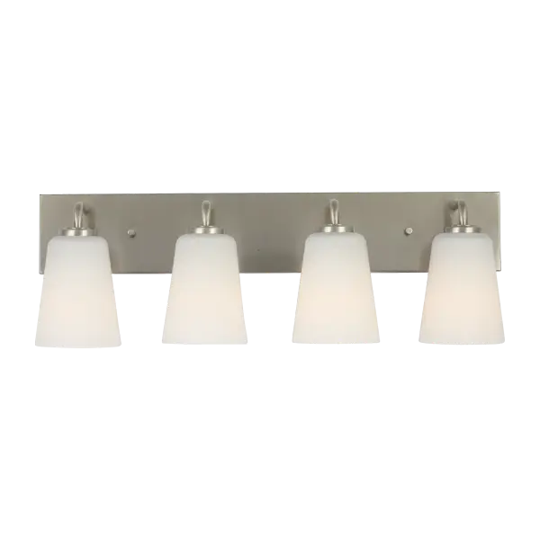 The Miles XL Bath Sconce delivers sophisticated lighting for large vanities and double sinks. Four frosted diffusers provide softened, even distribution while the brushed nickel finish adds timeless elegance to any bathroom.