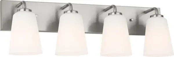 The Miles XL Bath Sconce delivers sophisticated lighting for large vanities and double sinks. Four frosted diffusers provide softened, even distribution while the brushed nickel finish adds timeless elegance to any bathroom. - alternate view