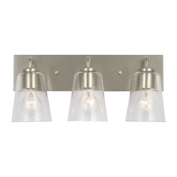 The Miles Large Bath Sconce combines brushed nickel elegance with three frosted diffusers that deliver balanced, softened light perfect for primary bathrooms. Its transitional design complements both modern and traditional spaces.