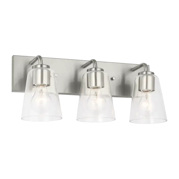 The Miles Large Bath Sconce combines brushed nickel elegance with three frosted diffusers that deliver balanced, softened light perfect for primary bathrooms. Its transitional design complements both modern and traditional spaces. - alternate view