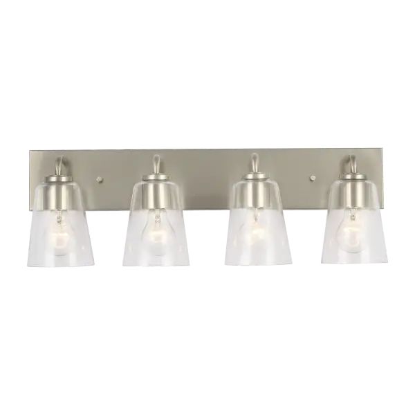 The Miles XL Bath Sconce delivers sophisticated lighting for large vanities and double sinks. Four frosted diffusers provide softened, even distribution while the brushed nickel finish adds timeless elegance to any bathroom.