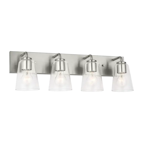 The Miles XL Bath Sconce delivers sophisticated lighting for large vanities and double sinks. Four frosted diffusers provide softened, even distribution while the brushed nickel finish adds timeless elegance to any bathroom. - alternate view