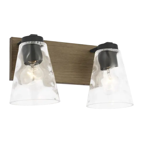 The Dunton Medium Vanity combines farmhouse aesthetics with practical two-light design. Its faux wood backplate and clear glass shades deliver rustic character while providing excellent task lighting for medium-width vanities.
