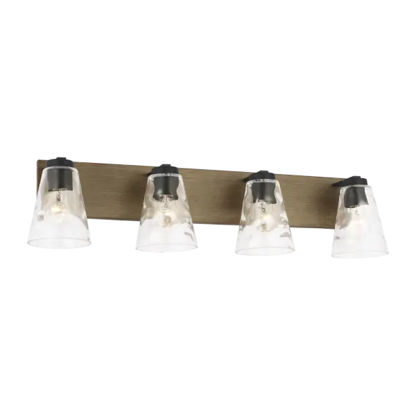 The Dunton Extra Large Vanity delivers exceptional coverage with four exposed glass shades over a faux wood backplate. Perfect for primary bathrooms and wide mirrors, it combines rustic charm with consistent, functional lighting.