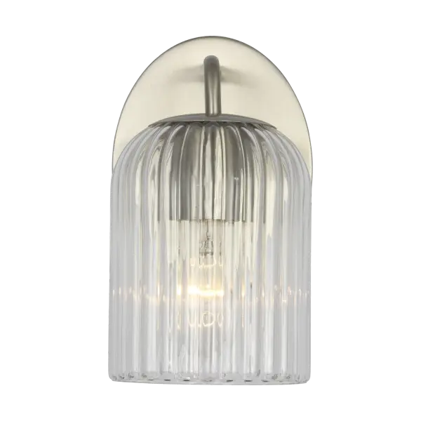 The Eisele Small Sconce brings sophisticated design to compact spaces with its softly contoured oval backplate and suspended ribbed glass shades. Perfect for powder rooms and guest baths, it delivers controlled sparkle and functional illumination.