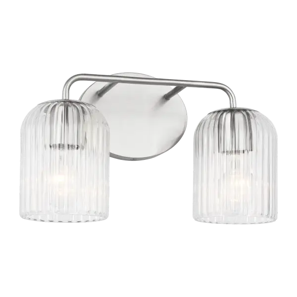 The Eisele vanity light brings sophisticated style to bath spaces with its softly contoured arms, ribbed glass shades, and distinctive oval backplate. Perfect for powder rooms and primary suites seeking refined illumination. - alternate view